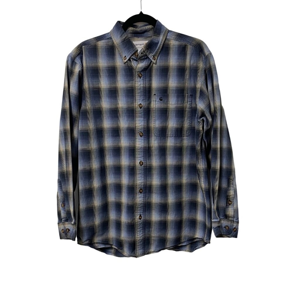 CARHARTT SHIRT BUTTON DOWN PLAID MENS M LOGO WORKWEAR CASUAL 100% COTTON BLUE